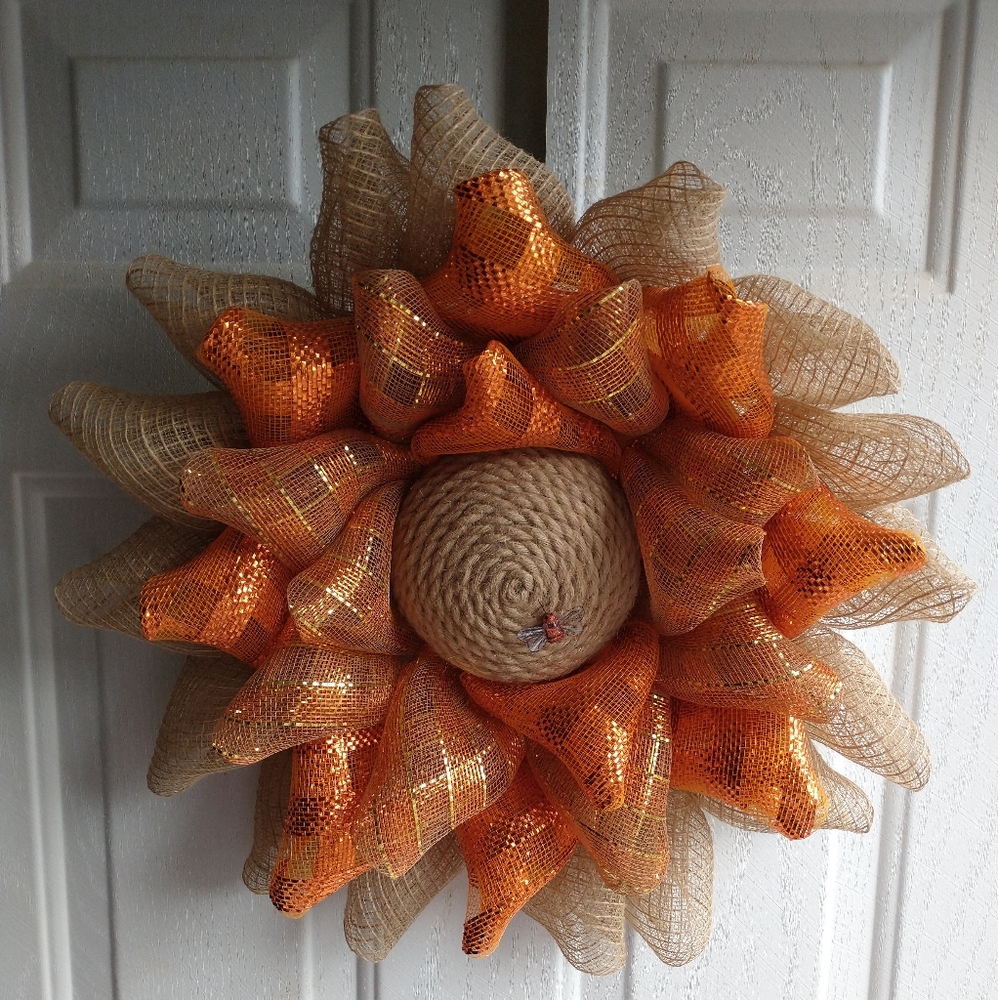 Beehive Orange Tan Deco Mesh Wreath